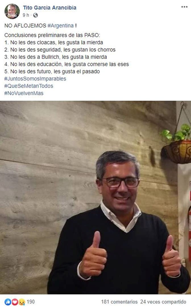 Polémica publicación de Ernesto García, que luego eliminó.