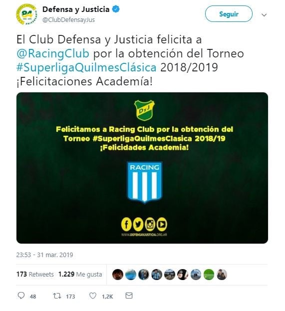 El saludo de Defensa y Justicia (Foto: Twitter)