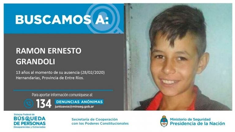 Publicaron la búsqueda de Ramoncito en el Sistema Federal de Búsqueda de Personas Desaparecidas y Extraviadas