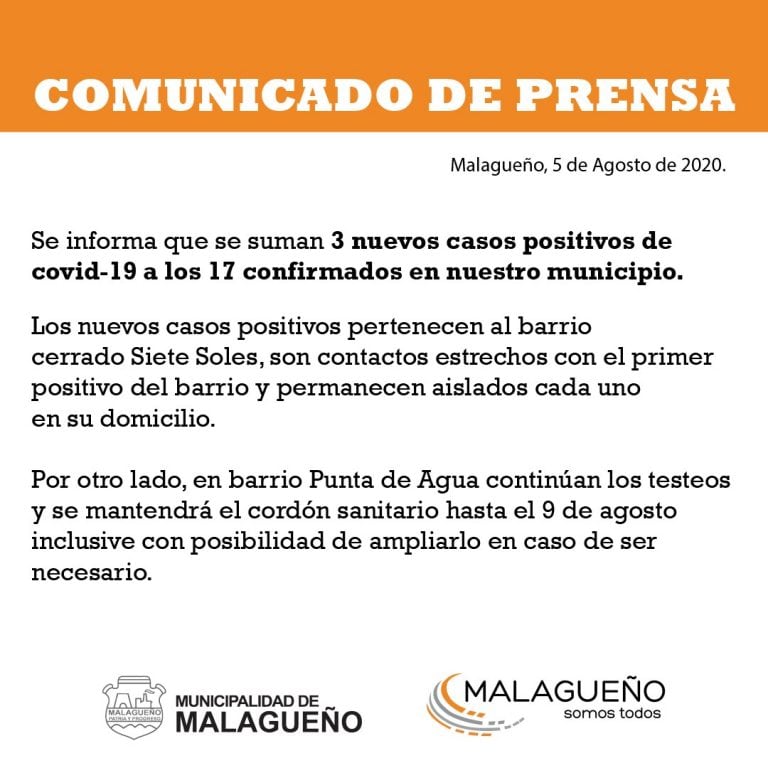 "Comunicado d Prensa" desde el Municipio de Malagueño. (Miércoles 5 de agosto).