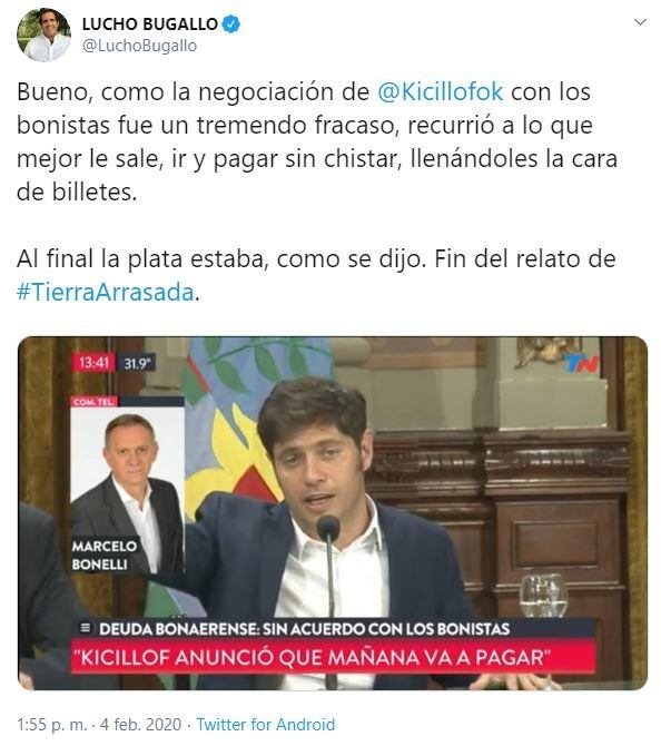 El tuit de Luciano Bugallo (Captura)