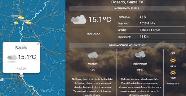 Pronosticó del SMN para este domingo en Rosario. (SMN)