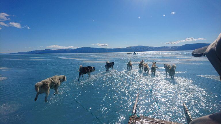 Fotografía facilitada por el Instituto Metorológico de Dinamarca que muestra la fotografía tomada por Steffen M. Olsen, uno de sus investigadores, en el noroeste de Groenlandia el pasado 13 de junio en la que se ve un trineo que avanza por el hielo derretido. Crédito: EFE/ Steffen M. Olsen/instituto Meteorológico Danés (DMI).