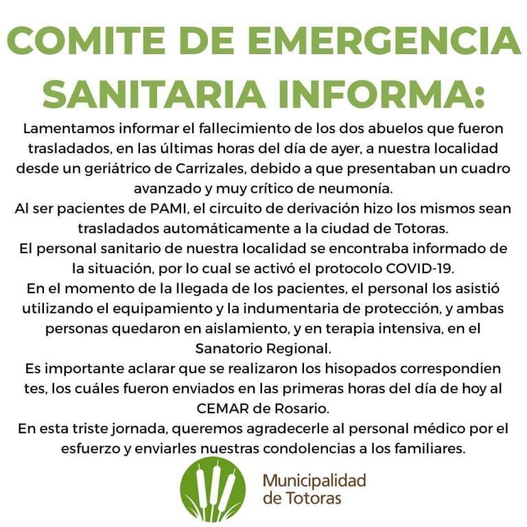 La Municipalidad de Totoras brindó detalles sobre la actuación del personal sanitario. (Municipalidad de Totoras)