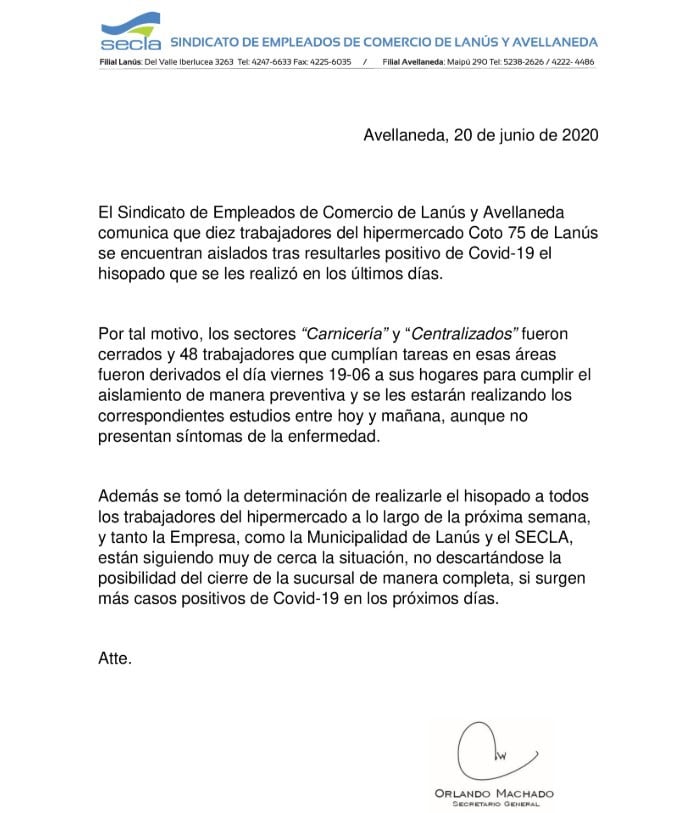 Comunicado del Sindicato de Empleados de Comercio de Lanús y Avellaneda (SECLA)