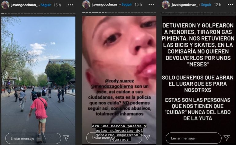 Los manifestantes que quisieron ingresar al Skatepark del Parque O'Higgins mostraron en las redes cómo fueron agredidos por los preventores de la Ciudad de Mendoza.