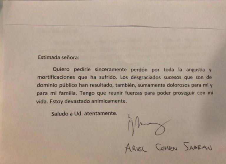 A través de una carta, Cohen Sabban le pidió perdón a Esmeralda Mitre.