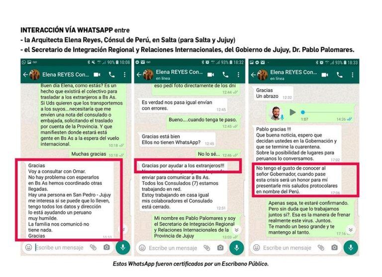 El Gobierno provincial difundió algunos de los mensajes intercambiados con diplomáticos peruanos.