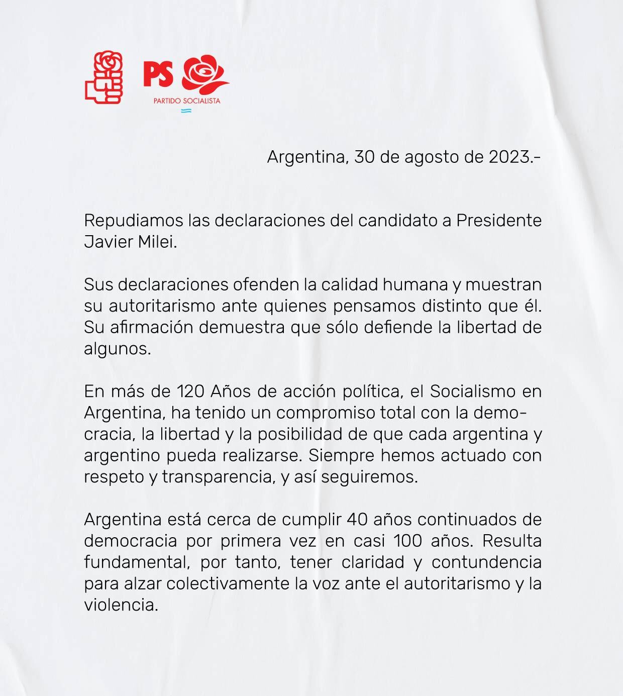 El Partido Socialista de Santa Fe repudió a Javier Milei luego de que este dijera que son “excremento humano”.