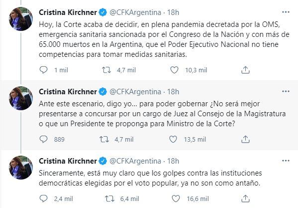 Los tuits de Cristina Kirchner