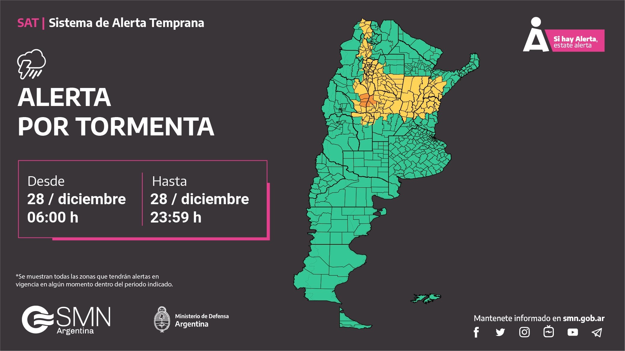 Alerta amarilla y naranja por tormentas para Córdoba.