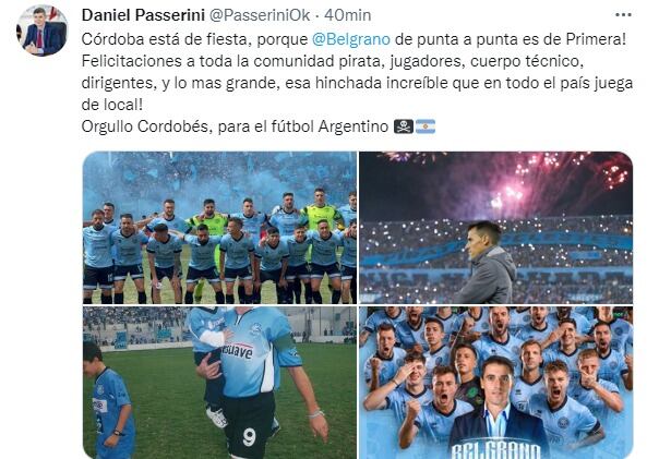 Daniel Passerini, viceintendente de Córdoba, se sumó a los saludos para Belgrano.