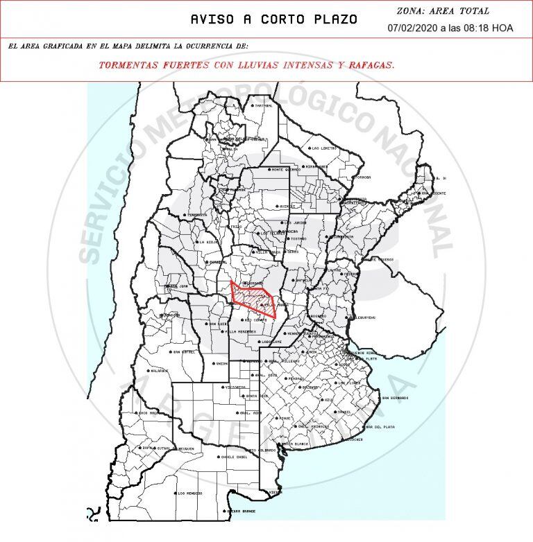 Zona que abarca el alerta meteorológico para este viernes 7 de febrero. (Imagen SMN).