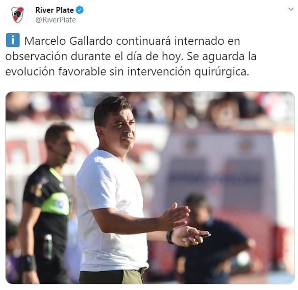 El último parte oficial de Marcelo Gallardo. (Twitter/@RiverPlate)