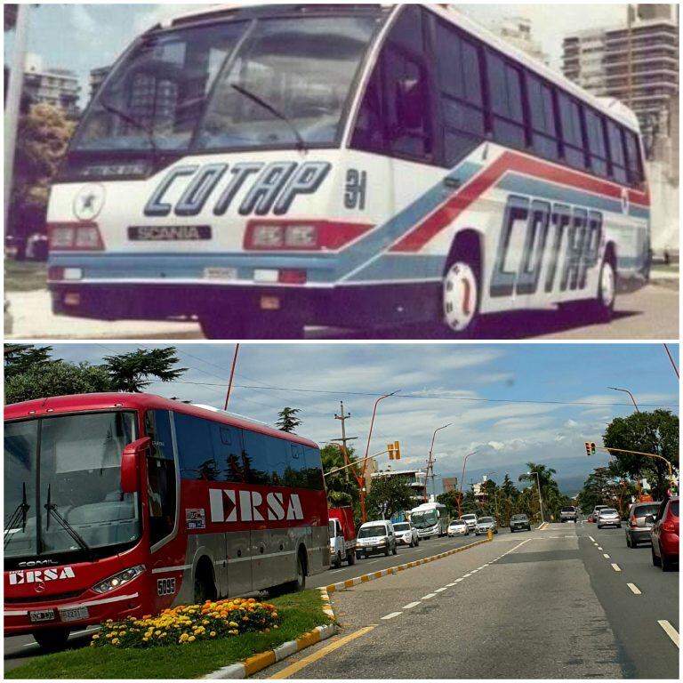 Arriba, la famosa "Cotap". Abajo, uno de los interurbanos actuales. (Foto antigua: gentileza Eldor Bertorello).