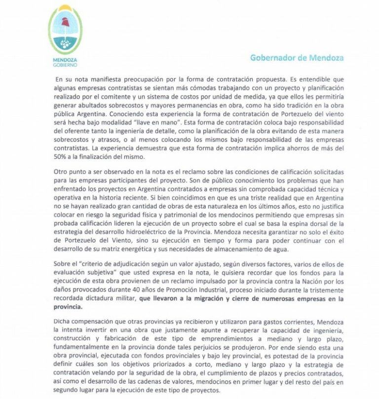 Respuesta del Gobierno de Mendoza a la Cámara Argentina de la Construcción