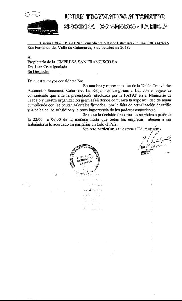 Mediante un comunicado, la empresa San Francisco confirmó que la actividad se paralizará desde las 22 horas