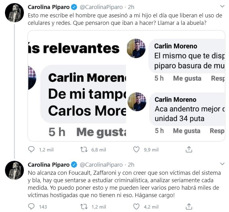 La denuncia de Carolina Píparo. (Twitter)