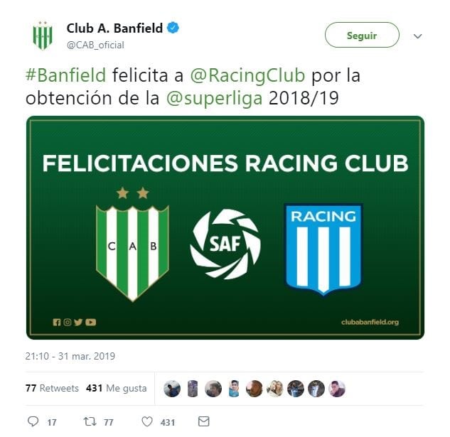 El saludo de Banfield (Foto: Twitter)