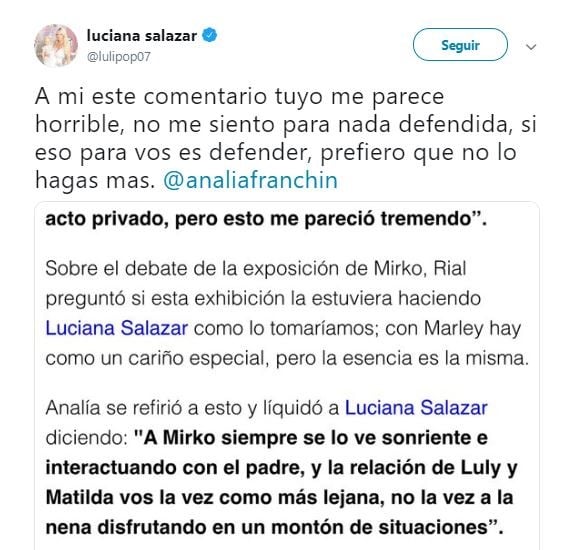 Luciana Salazar explotó contra Analía Franchín, que la criticó como madre (Foto: captura Twitter)