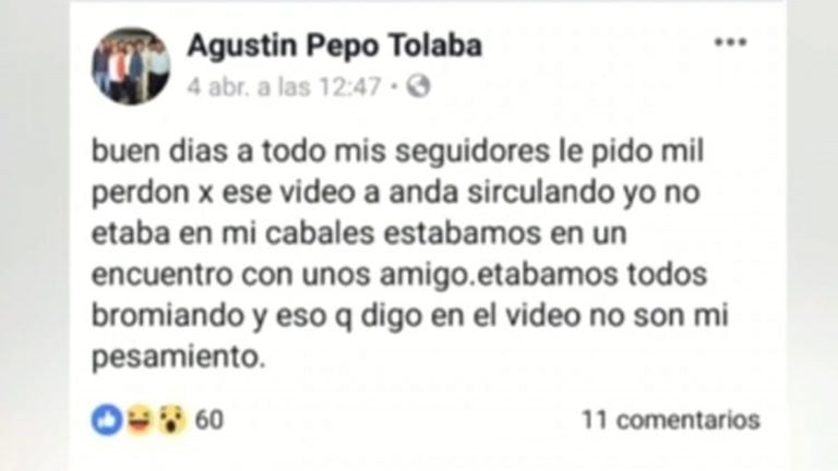 Tolaba había ensayado una disculpa por sus declaraciones en un mensaje repleto de errores. (Captura de Pantalla)