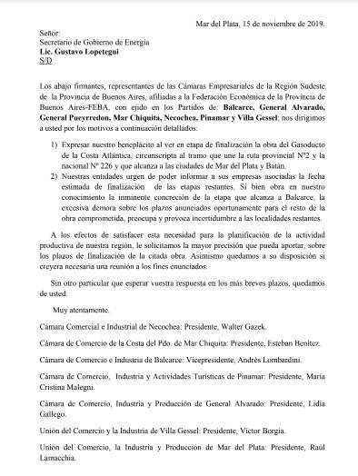 La UCIP y las Cámaras de la Región Sudeste enviaron una nota al secretario de Gobierno de Energía de la Nación (web).