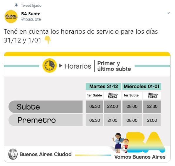 Horarios del subte. (Twitter)