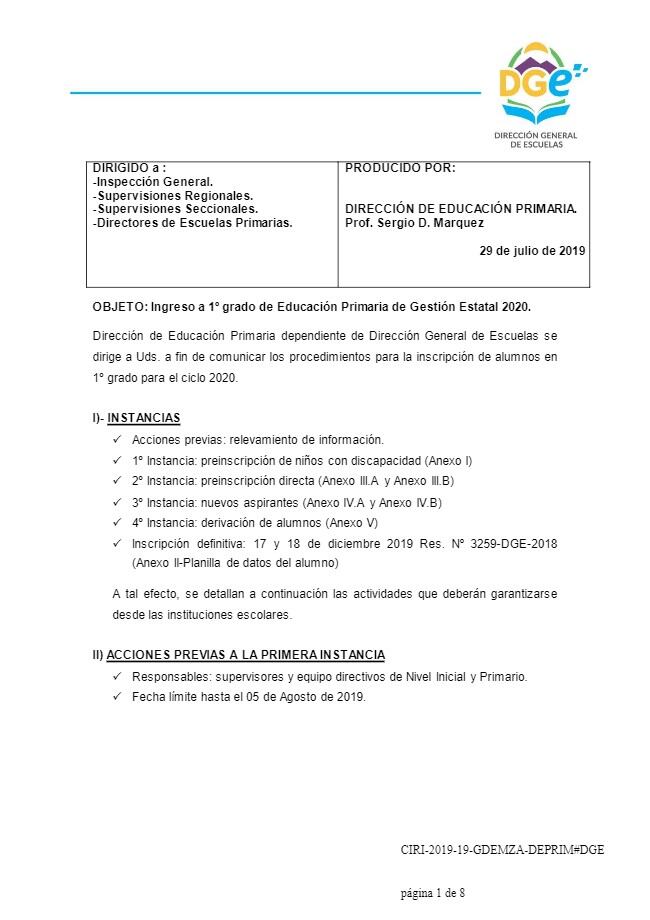 Comunicado Oficial de la Dirección General de Escuelas.