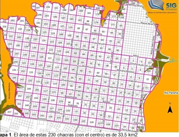 Las 230 chacras entre el Mártires, el Río Paraná y la Av. Quaranta (RN 12). Una superficie de 33,5 kms² incluido el centro histórico. (Fuente: Vialidad)