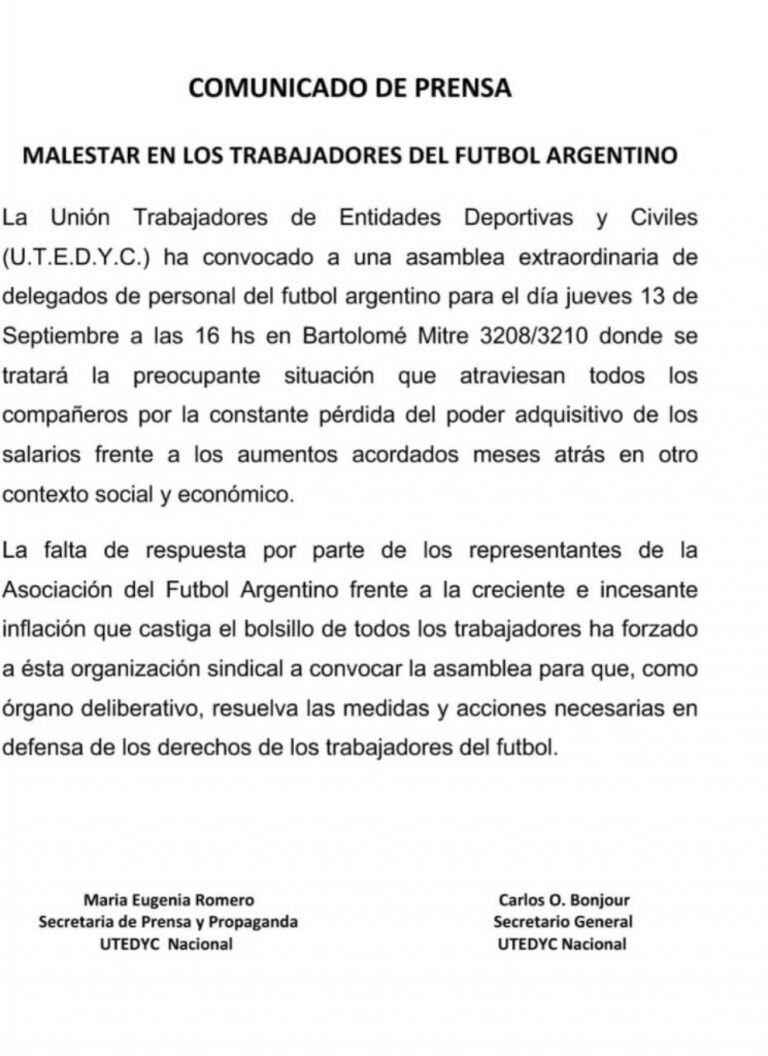 El comunicado de UTEDyC solicitando la reapertura de paritarias.