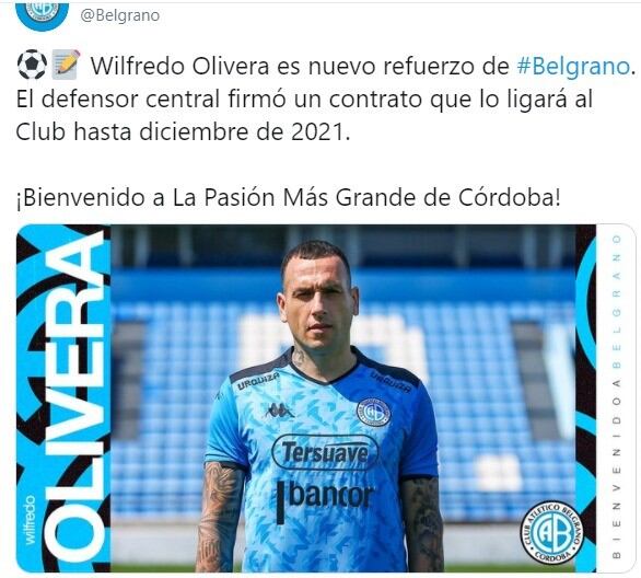 Wilfredo Olivera presentado en las redes sociales del club. (@Belgrano)