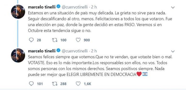 Los tuits de Marcelo Tinelli luego de las PASO (Foto: captura Twitter)