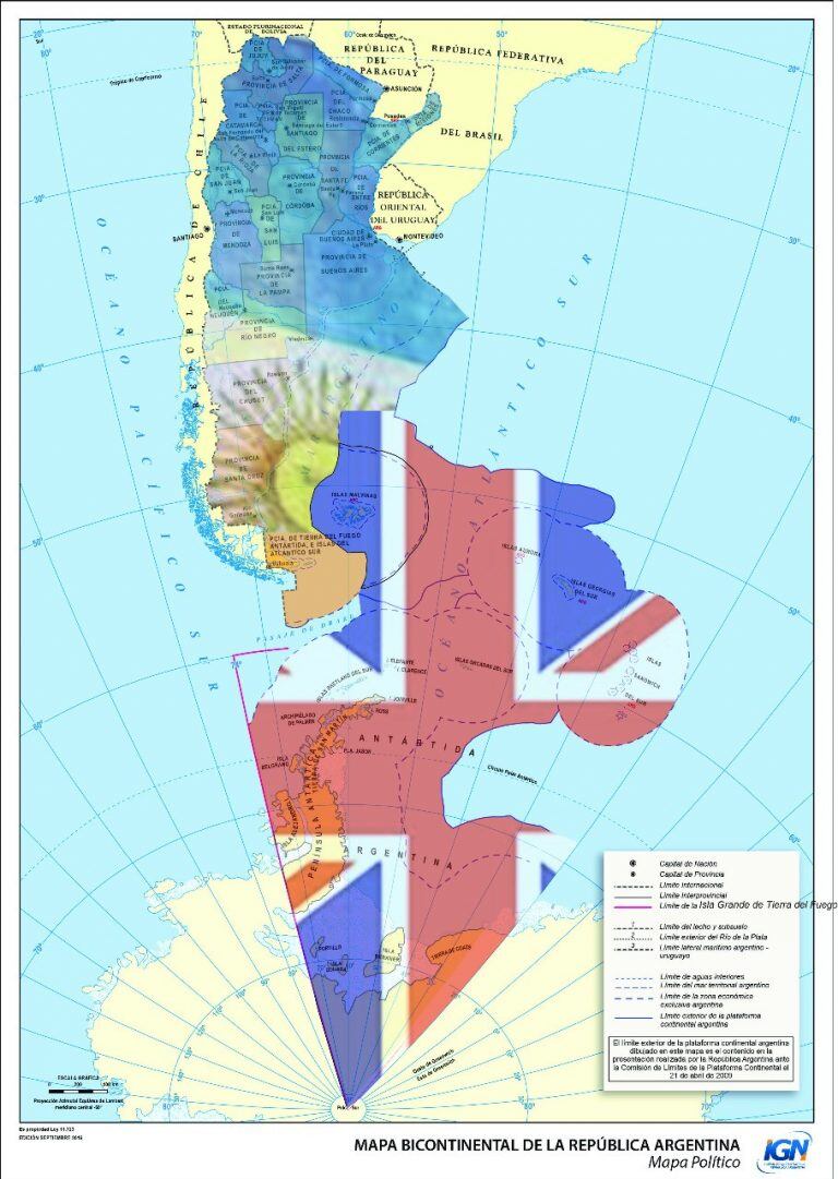 Mapa de la Argentina bicontinental con las zonas usurpada por Reino Unido.