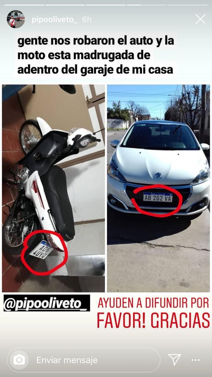 Robo de un auto y una moto del garage de una casa.