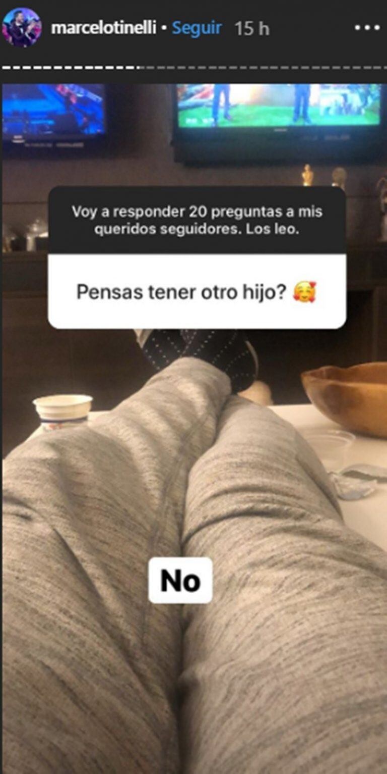 Marcelo Tinelli respondió preguntas de sus seguidores en instagram y aseguró que no piensa en tener otro hijo.