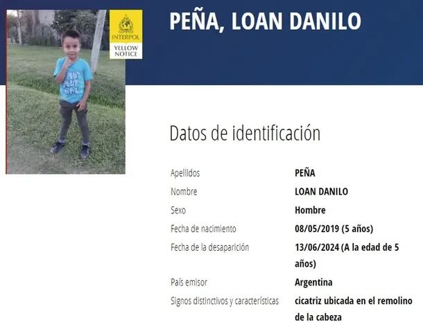 Corrientes. Interpol emitió una alerta amarilla por Loan Danilo Peña (www.interpol.int)