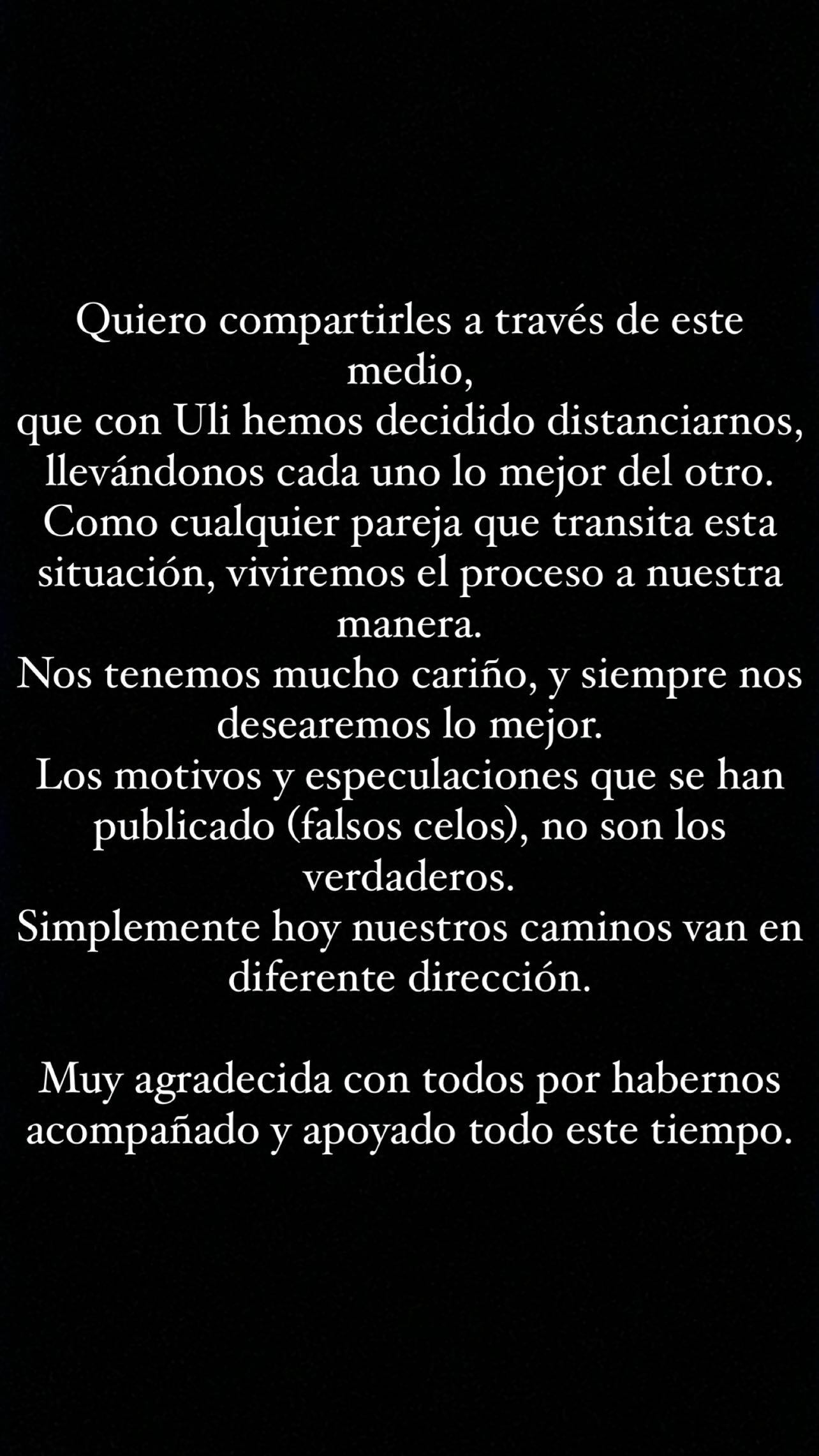 El mensaje con el que Rocío Pardo confirmó su separación de Ulises Bueno.