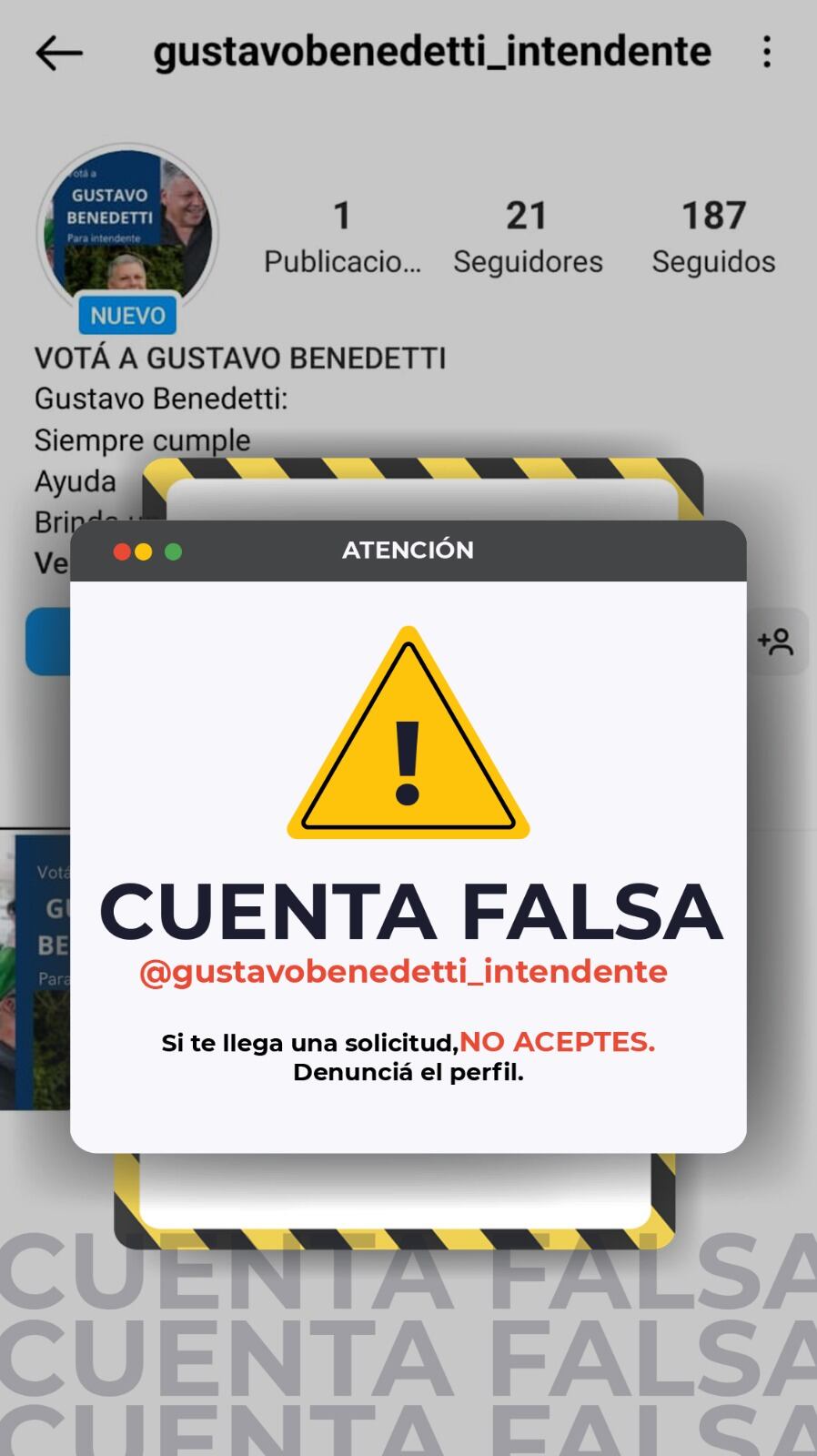 Cuenta falsa en Instagram del intendente Gustavo Benedetti