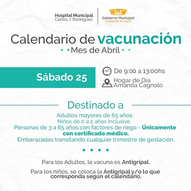 Vacunacion en Arroyito sabado 25 de abril