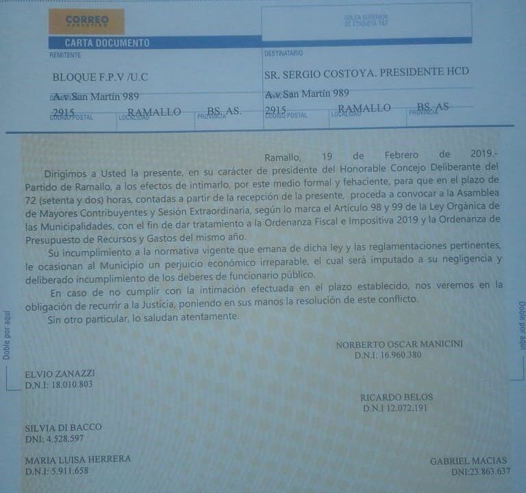 La cara documento que enviaron a Costoya. (Ramallo Informa)