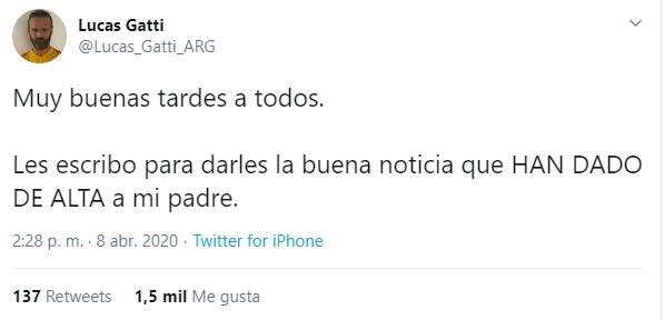 Hugo Gatti recibió el alta médica. (Twitter)