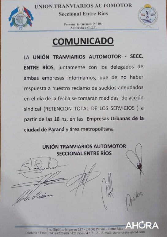 Documento de Unión Tranviarios Automotor (UTA), seccional Paraná