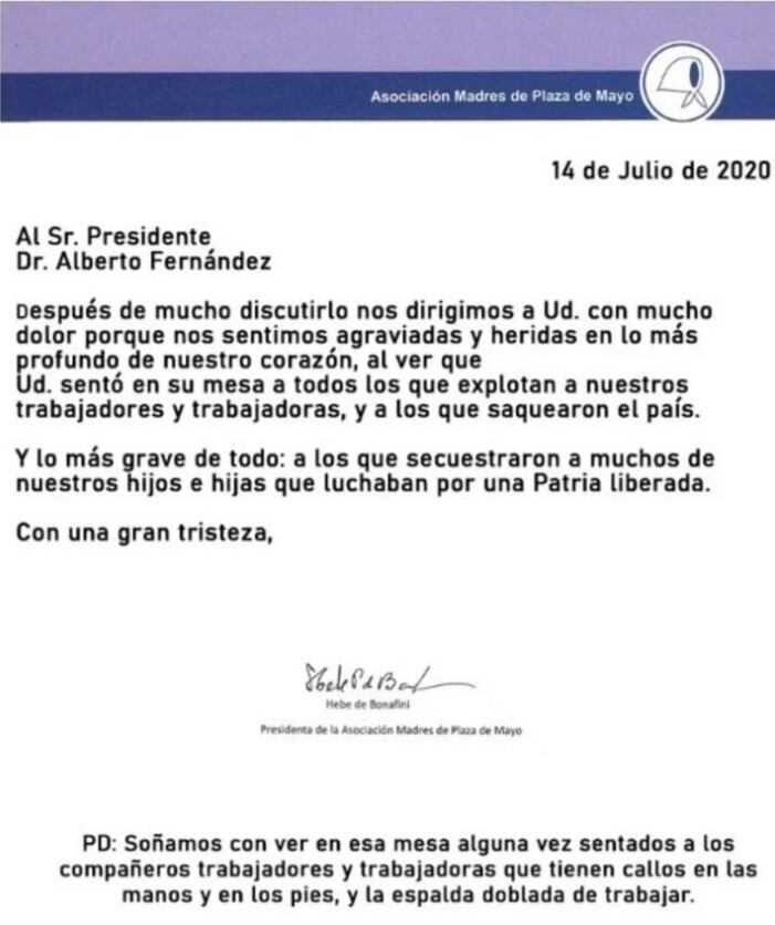 La carta de Madres de Plaza de Mayo a Alberto Fernández