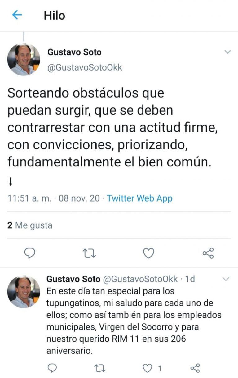 Tweets del intendente Gustavo Soto.