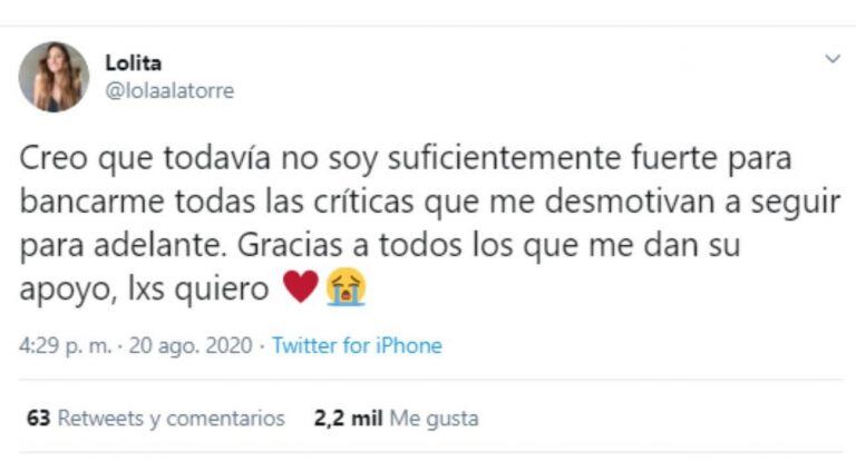 El tweet que escribió Lola Latorre (Twitter/@lolitalatorre)