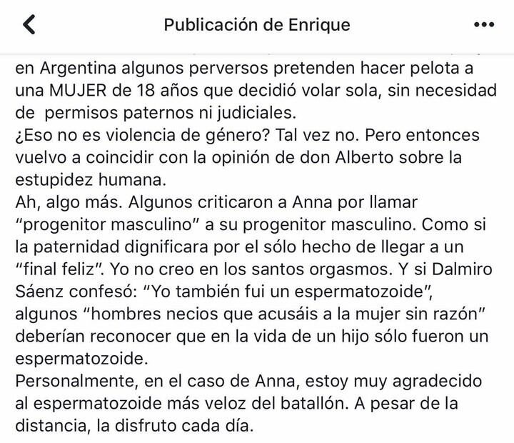 Enrique Torres, el cuñado de Andrea del Boca, publicó una dura carta en Facebook para defender a su sobrina Anna.