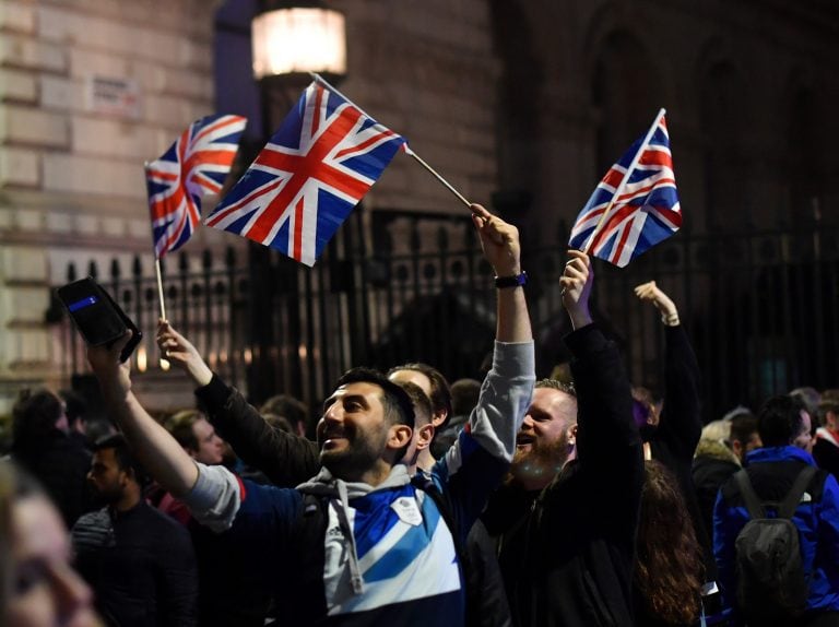 Pro-Brexit supporters take selfies outside Downing Street in London, Britain January 31, 2020. REUTERS/Dylan Martinez