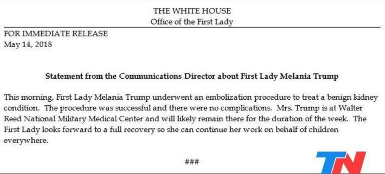 Comunicado sobre la salud de Melania Trump. (Foto: Web)