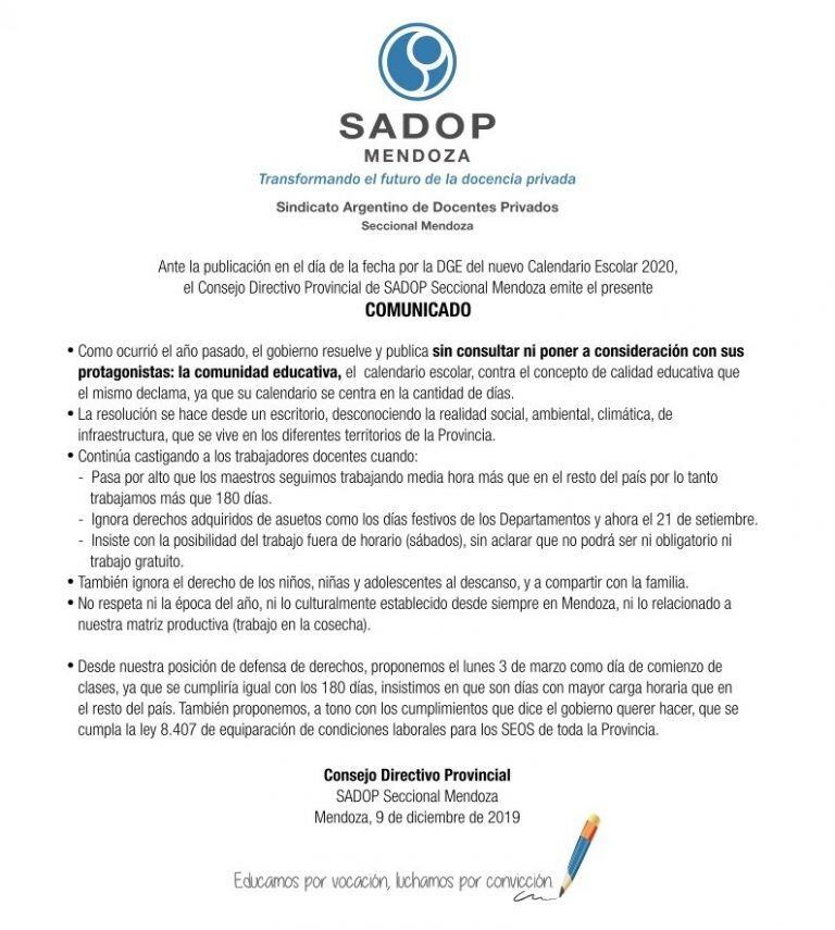 Comunicado completo de SADOP.