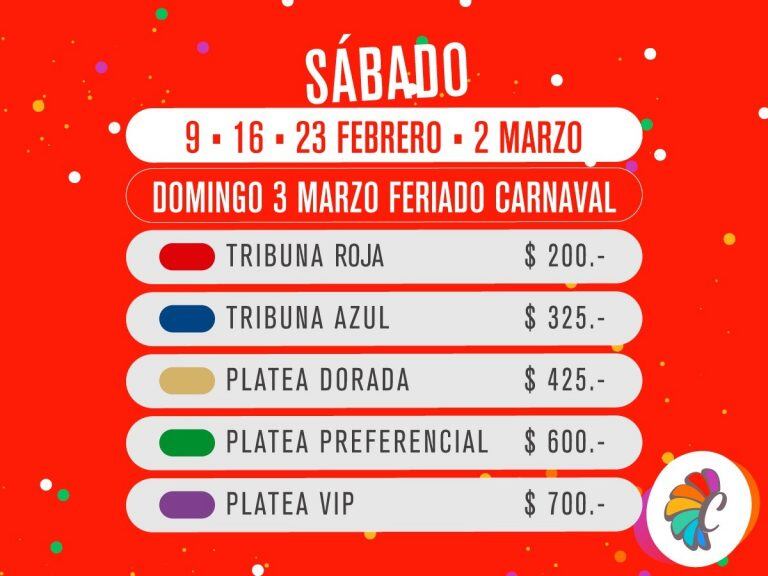 Costo de las entradas para los días viernes y sábado de cada fin de semana